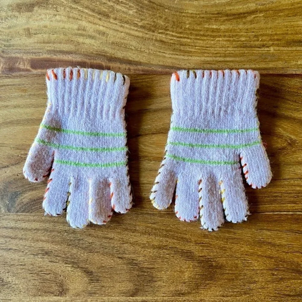 Children's Knitted Pink Gloves With Green Stripes & Colorful Stitching